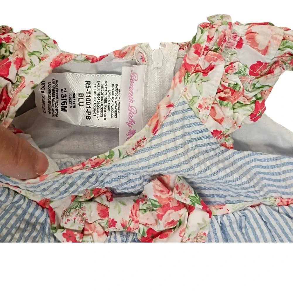 Bonnie Baby Girls Blue Seersucker Floral Striped‎ Bow Dress 3/6M R5-11001-PS